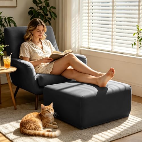 Image of YISUN Super Stretch Square Ottoman Cover - Soft Form Fit Ottoman Slipcover for Foot Stool & Folding Storage, Washable Furniture Protector with Non-Slip Elastic Bottom (M, Black)