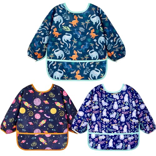 Image of Lictin 3 Packs Baby Bibs for Boy or Girl, Cute Long Sleeve Bib, Waterproof Bibs for Toddlers,Adjustable Closure Baby Smock, Mess Proof Baby Bib, 6-24 Months Reusable Infant Baby Bibs