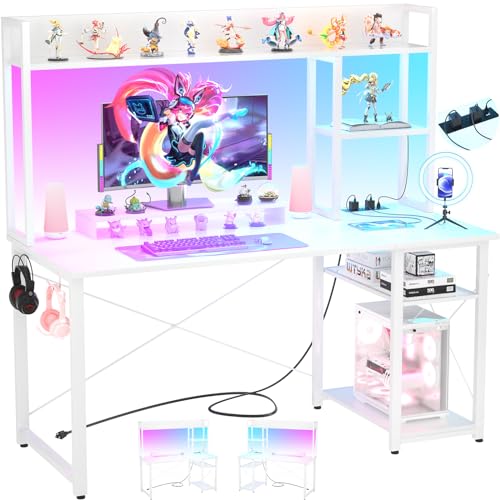 Image of Cyclysio Gaming Desk with Hutch, 47'' Computer Desk with LED Lights & Power Outlets, Home Office Desk with Reversible 5 Tiers Storage Shelves & Monitor Stand, Small Gaming Table for Small Space, White