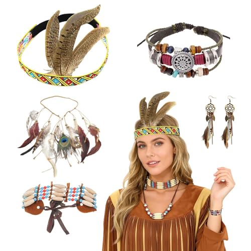 RAOPNHS Costume indien pour femme - 5 pièces - Avec coiffe indienne - Bandeau à plumes, boucles d'oreilles, collier, bracelet, pour carnaval - Costume de...