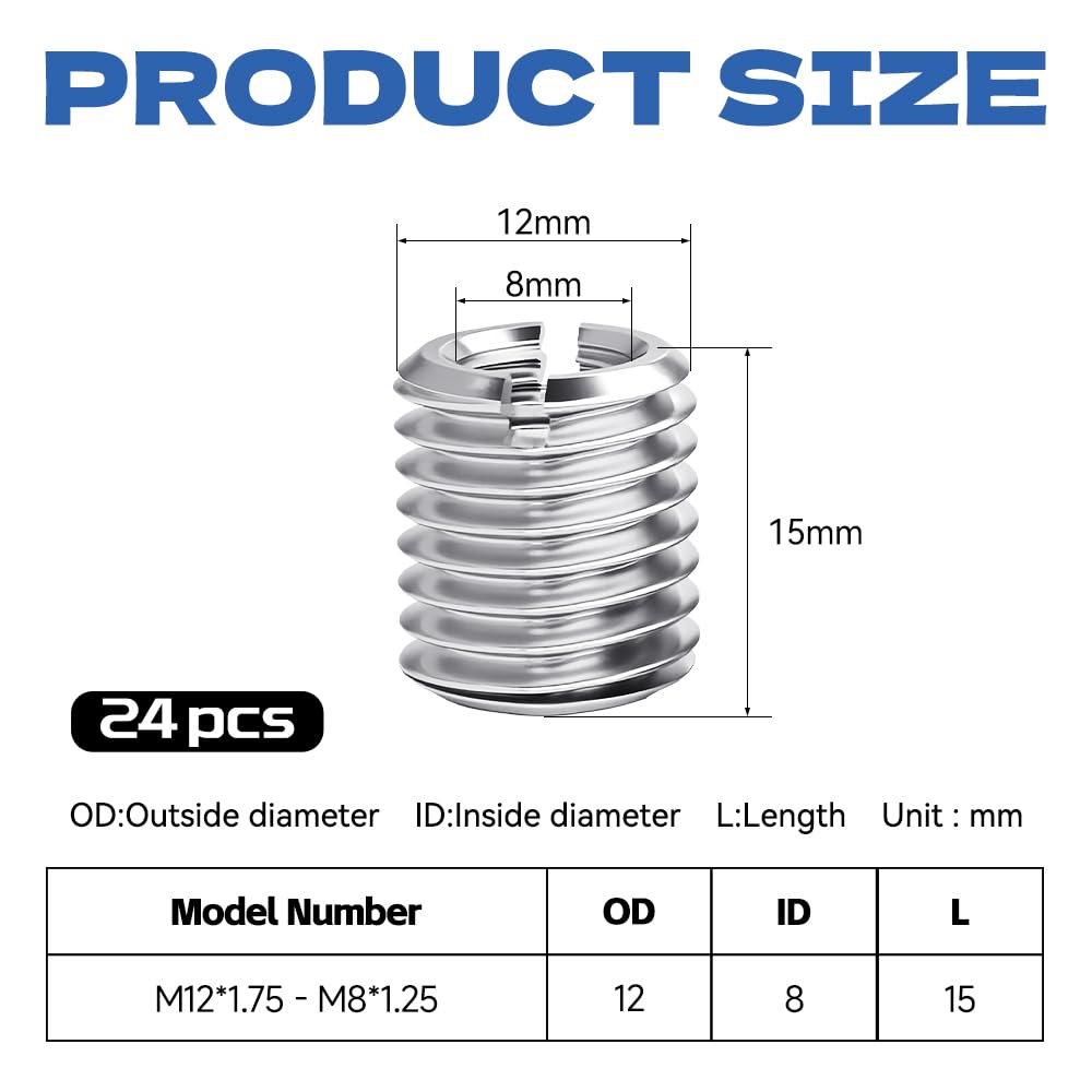 Zestaw adapterów gwintowanych M12 do M8 x 15 mm, 24 sztuki, gwintowana tuleja ze stali nierdzewnej do połączeń śrubowych, naprawy