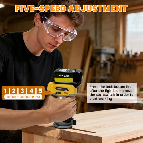 Router Tool with DW 20V Battery,Wood Router for 800W 30000 RPM,5 Variable Speeds Fixed Base Cordless Router,15PCS 1/4\" Router Bits(Battery Not Included)