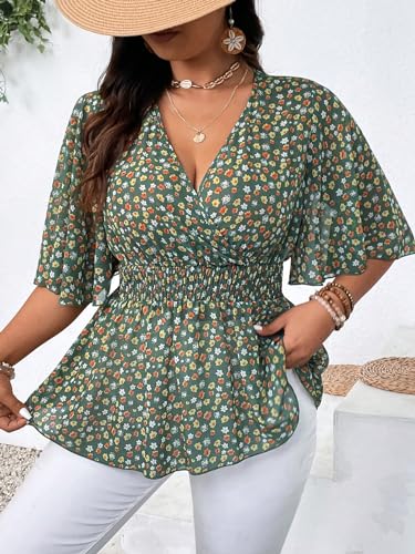 SOLY HUX Women's Plus Size V Neck Blouses Floral Print Flowy Peplum Tops Summer Ruffle Chiffon Shirts3