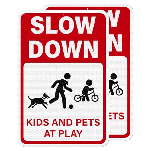 2 pack slow down signs kids and pets at play warning sign 18 x 12 inches high reflective weatherproof aluminum safety alert signage with pre-drilled holes for street driveway neighborhood
