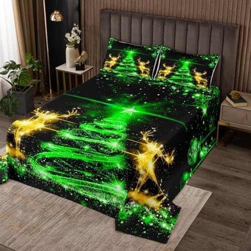 Homewish Merry Christmas Bedspread for Kids Boys,Xmas Pine Trees Reindeer Animal Coverlet Set Bedroom Decor Soft Quilted,Sparkling Glitter Green Yellow Quilt Set with 1 Pillow Sham, Twin Size