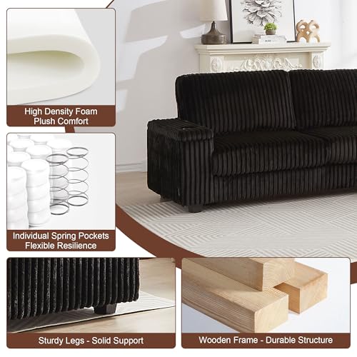 Image of L Shaped Couches for Living Room, Oversized Modular Sectional Sofa with Armrest Storage, USB Ports and Cup Holders, 5 Seats Corduroy Couch for Living Room, Bedroom and Apartment, Matte Black