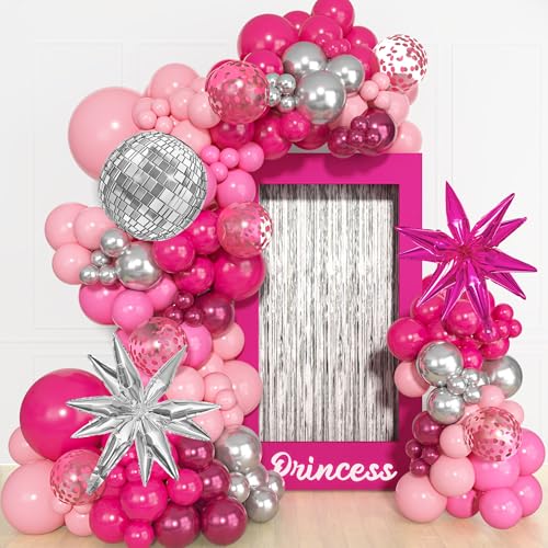 143Pcs Princess Pink and Silver Valentines Balloon Garland Arch Kit Hot Pink Confetti 4D Star Disco Ball Crown Balloons for Girls Women Bridal Baby Shower Makeup Bachelorette Birthday Party Decors