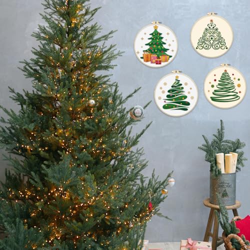 Image of FREEBLOSS 4 Set 20cm Christmas Tree Embroidery Kit Cross Stitch Kit with Stamped Christmas Pattern Embroidery Kit for Beginners Instructions Included Embroidery Starter Kit for Adults