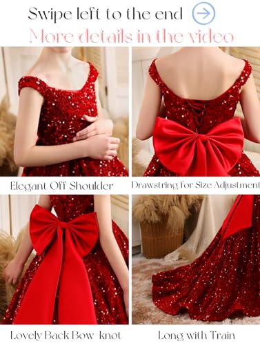 Off Shoulder Sequin Pageant Dresses for Girls Long Ball Gown with Bow Formal Prom Party Dress with Train2