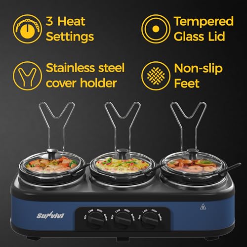 SUNVIVI Triple Slow Cooker, Buffet Food Warmer with 3 x 1.5 QT Removable Ceramic Pots, Buffet Servers and Warmers with Glass Lids and 3 Spoons, Stainless Steel, Blue