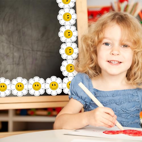 Image of Whaline 32.8 Ft Daisy Flower Bulletin Board Border Cartoon White Yellow Floral Die Cut Trim Border Roll for Classroom Back to School Chalkboard Decor