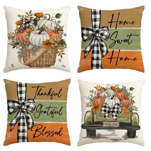 AVOIN colorlife Fall Pumpkin Truck Sunflowers Home Sweet Home Throw Pillow Covers, 18 x 18...
