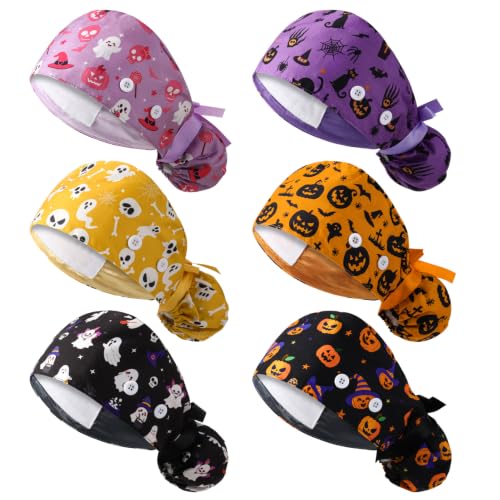 6 Pcs Satin Lined Scrub Caps Women Halloween Nurse Caps Working Hats Adjustable Bouffant Hats with Button Ponytail Holder Tie Back