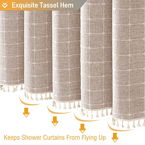 Image of BTTN Boho Farmhouse Shower Curtain, Linen Rustic Heavy Duty Fabric Shower Curtain Set with Tassel, Water Repellent, Bohemian French Country Textured Thick Shower Curtain for Bathroom, Tan /Taupe, 72x72