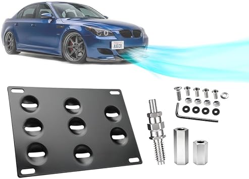 Front Bumper Tow Hook License Plate Relocator Compatible with BMW 06-10 5-Series E60 525i 530i 535i M5, 04-10 6-Series E63 E64, 95-98 E36 3-Series, 06-08 Z4, Fits Mini Cooper R56 R57 R58 R59