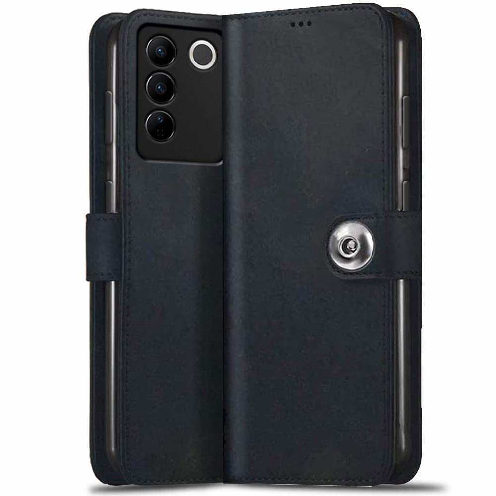 TheGiftKart Genuine Leather Finish Flip Back Cover Case for Vivo V27 / V27 PRO 5G | Inbuilt Pockets & Stand | Wallet Style | Designer Button Magnet Flip Cover Back for Vivo V27 / V27 Pro 5G (Black) (B0BX6JLFZB) Amazon Price History, Amazon Price Tracker