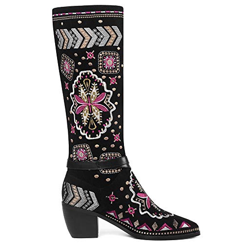 SaraIris Western Boots Flower Embroidery Shoes for Women - Cool Chinese Ethnic Cowboy Cowgirl Style Pointed Toe Shoes Woman Pull On Buckle Design Knee Boots - Thumbnail 4