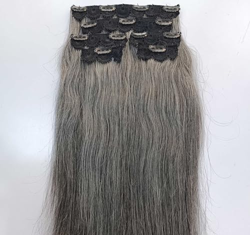 100% Indian Remy Human Hair Weft Clip in Hair Extensions Straight, natural Grey salt and pepper human hair (16 Inches)