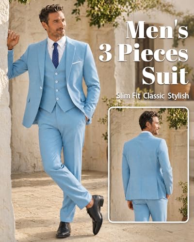 Image of MY'S Men's 3 Piece Suit Set with Tie, One Button Slim Fit Solid Jacket Vest Pants, Prom Party Wedding Business Suits for Men