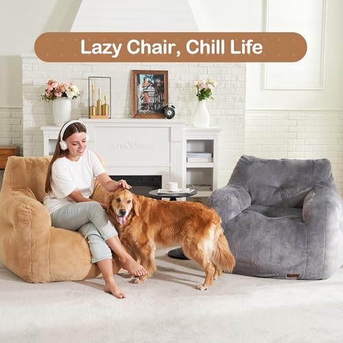 Image of Hobestluk Bean Bag Chair for Adult Small Bean Bag Chairs with Arms Furry Beanbag Chair with Foam Filler Stuffed Bean Bag Sofa for Reading in Bedroom Living Room and Dorms(Khaki)