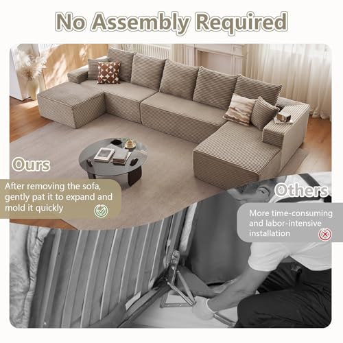 Image of Lakifun 166.9 inch U-Shape Cloud Couch, Modern Modular Sectional Comfy L-Shape Sofa with Ottoman, Deep Seat, Upholstered Corduroy Sleeper Chaise Longue for Living Room Bedroom, No Assembly Required, Camel