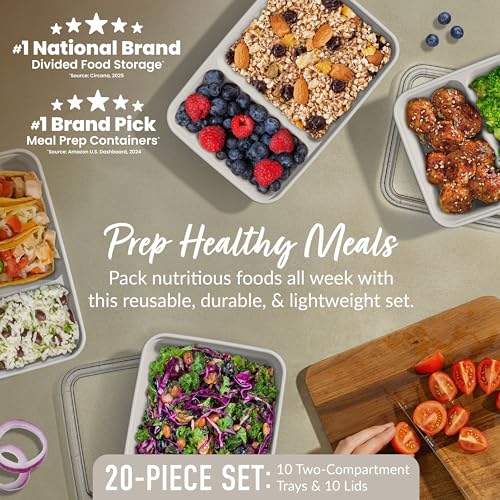 Image of Bentgo Prep - 20-Piece 2-Compartment Reusable Meal Prep Containers with Lids, PFAS & BPA Free Materials, Durable, Microwave, Freezer, & Dishwasher Safe To Go Food Storage (Whisper Gray)