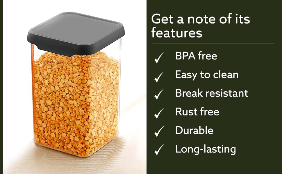 Image of Airtight Square Kitchen Storage Container Plastic Transparent Unbreakable Food Organizer Stackable Leakproof Grocery Storage Box 1500ml Pack Of 6