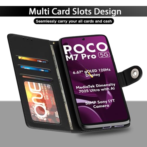 Image of Pikkme Flip Cover Leather Finish | Inside TPU with Card Pockets | Wallet Stand and Shock Proof | Complete Protection Button Flip Case for Poco M7 Pro 5G(Black)