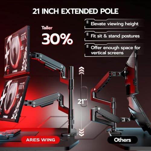 Image of ARES WING Tall Vertical Dual Ultrawide Monitor Mount with USB for 17-49'' Screen, Holds 44 Lbs, Computer Arms for 2 Screens with Gas Spring, Adjustable Double Monitor Stand for Desk, Black