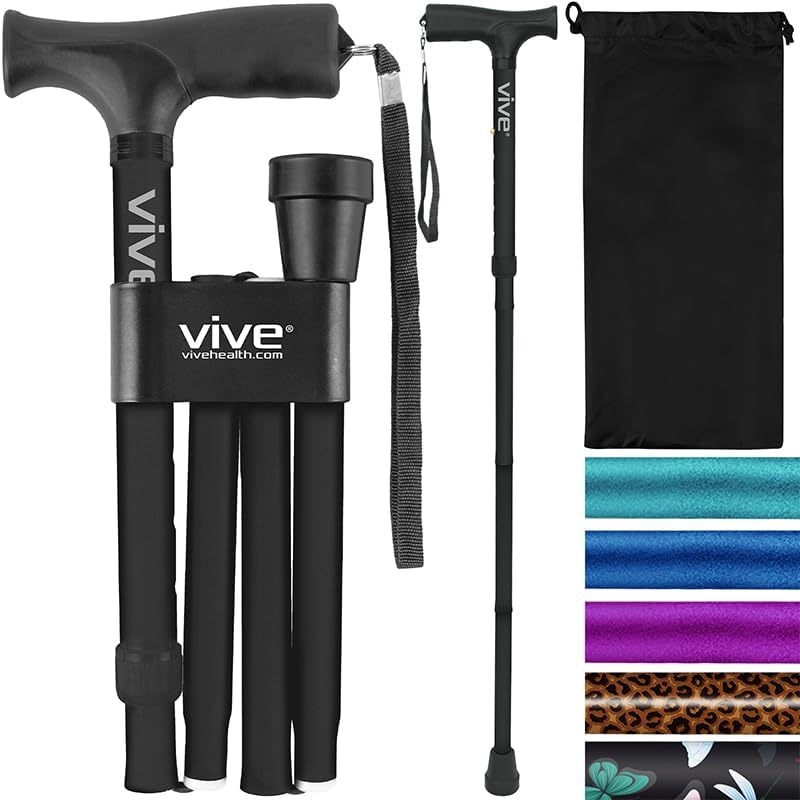 Vive Folding Cane - Foldable Walking Cane for Men, Women - Fold-up, Collapsible, Lightweight, Adjustable, Portable Hand Walking Stick - Balancing Mobility Aid - Sleek, Comfortable - Amazon product rated Grade A