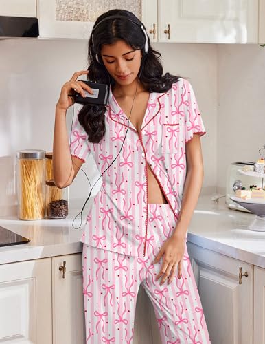 Image of Ekouaer Pajamas for Women Set Button Up Soft Pjs Short Sleeve 2 Piece Lounge Sets Comfy Sleepwear