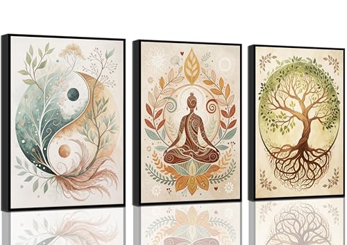3 Pcs Tree of Life Canvas Wall Art Lotus Zen Painting Pictures Wall Decor Yin Yang Taichi Spiritual Prints Posters for Living Room Yoga Room Hotel Bedroom Home Decor 12x16in Unframed