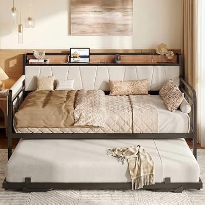 LIKIMIO Twin Daybed, Day Bed with Trundle, Storage Upholstered Headboard and Charging Station, Trundle Bed with Strong Supports for Living Room, Bedroom, and Guest Room, Wood and Beige