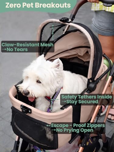 Image of Small Dog Stroller, 5-in-1 Foldable Pet Stroller for Small Dogs Cats 10-20 lbs - 1-Click Fold Without Detaching Carrier, Removable Waterproof Carrier, All Terrain 4 Wheels for Outdoor Travel, Khaki