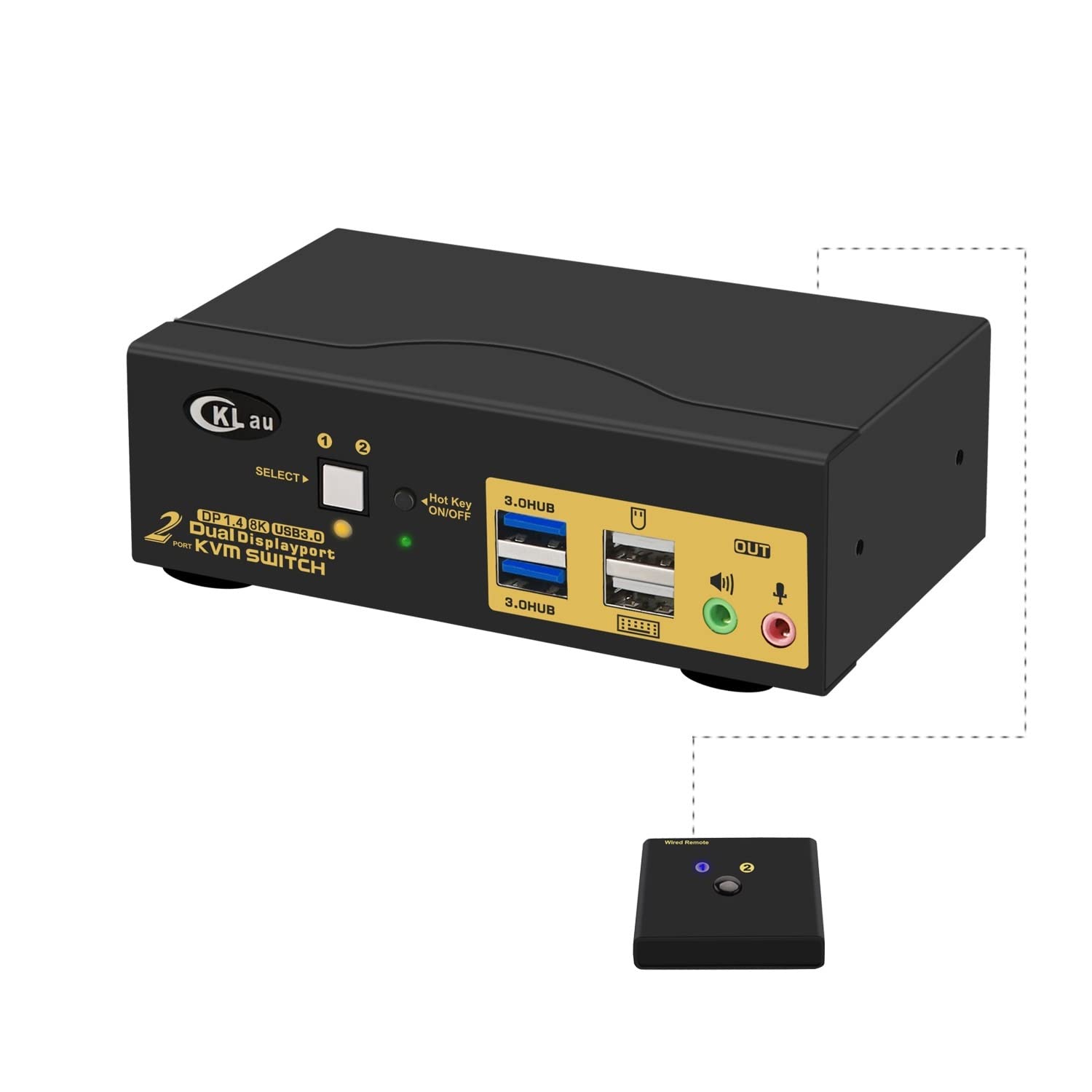 CKLau 2 Port USB 3.0 Dual Monitor KVM Switch Displayport 1.4 8K@30Hz 4K@144Hz with Audio and Cables for 2 Computers Support Hotkey Switching