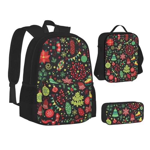 Christmas Tree Print 3 Piece Set Backpack, Lunch Bag, Pencil Case, Cute Sturdy For College And Travel2