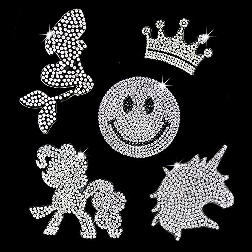 EKOI Iron on Patches for Mask Unicorn Smiley Face Emoji Princess Crown Mermaid Little Pony Shaped Glitter Crystal Bling Rhinestone Applique Decal Heat Transfer Fabric Clothing Jacket Jeans Kid Girl