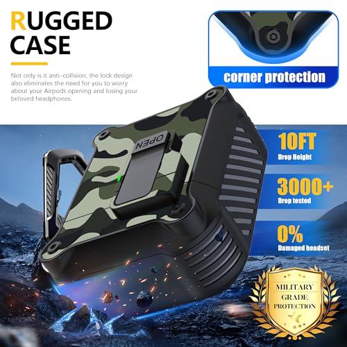 Image of RFUNGUANGO for Airpods 2nd and 1st Generation Protective Cases Automatic Pop-up with Safety Lock Clip, Full Body Shockproof Hard Case with Keychain (Cleaning Tool)-Green Camouflage