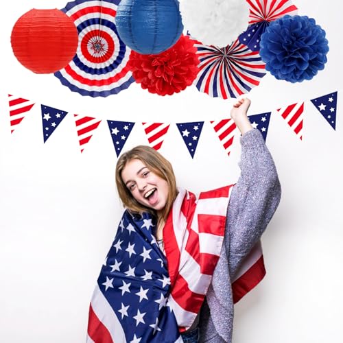 Image of Red-White Blue Memorial-Day Patriotic Decorations - 21pcs 4th Fourth of July Paper Lanterns Fans,Tissue Pom Poms Streamers,Honeycomb Balls,USA Americana Independence Banner Decor Burgleda