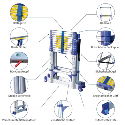 Teleskop-Trittleiter mit 11 Stufen EXTENDACT11, Teleskopleiter 3.2m+2.9m, Faltbare Trittleiter, Stabilisator, Max. Arbeitshöhe 4.7m, 5 Jahre Garantie, Hostrom