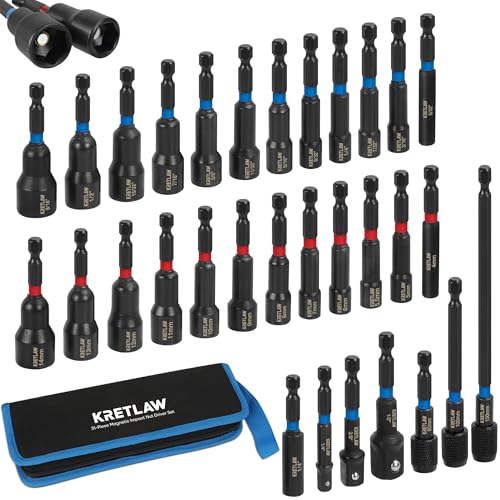 31PCS Magnetic Nut Driver Set, Impact Drill Driver Bit in Cr-V, SAE & Metric Power Nut Drivers with Quick-release Extensions & 1/4" Hex Shank