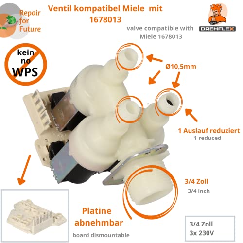 DREHFLEX - Ventiel/magneetventiel voor wasmachine compatibel met Miele - onderdeelnr. 1678013 incl. aansluitplaat apparaten zonder WPS (elektrisch waterstopsysteem) - Image 4