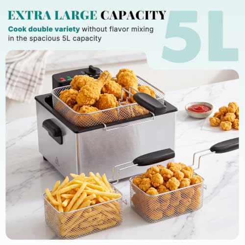 Image of OLIXIS Deep Fryer for Home Use, Large Electric Fryer with 3 Blankets, 5 Liter Capacity, 1800W Power, 4 Adjustable Temp, Lid with Viewing Window for Fried Chicken, Shrimp, French Fries, Silver