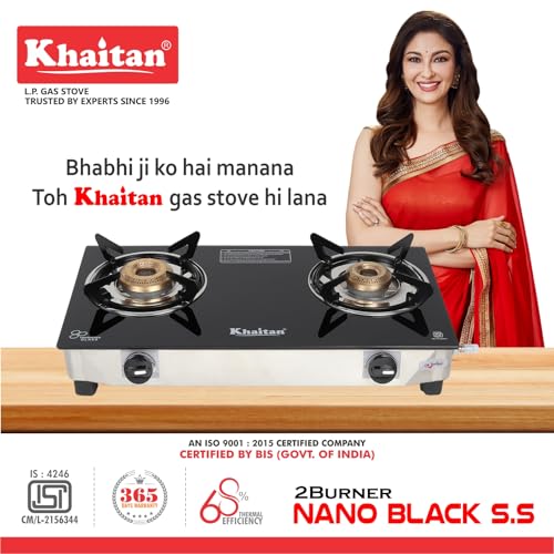 Khaitan 2 Burner Nano Black Stainless Steel | LPG Cooktop I Manual Ignition Stove| Ergonomic Knob | with 1 Year Warranty | Pan India Service | LP... - Image 2