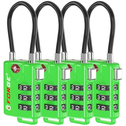 Image of TSA Approved Cable Luggage Locks, Re-settable Combination with Alloy Body, Green 4Pk, Compact
