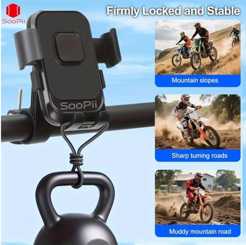 Image of SOOPII Universal Bike Mobile Holder with One Click Locking | Anti-Slip and Adjustable Angle for Motorcycles, Bicycles, E-Bikes,Scooters,Shockproof & Heavy-Duty Handlebar Mount for All Smartphones