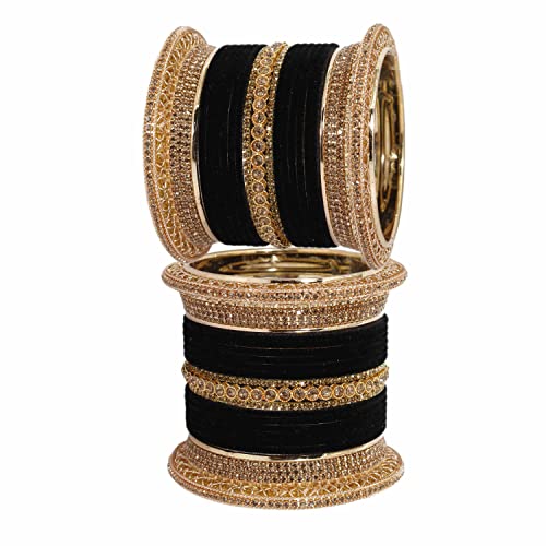 Image of NMII Non-Precious Metal with Base Metal and Studded with Zircon Gemstone Glossy Finished Traditional Velvet Bangle Chuda set for Women and Girls