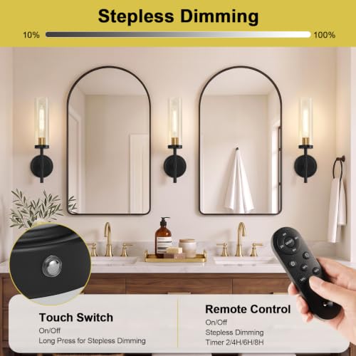 Image of Battery Operated Wall Sconce Set of 2,Black and Gold Wireless Rechargeable Wall Lighting Fixtures with Remote Control,Dimmable Wall Light for Bathroom ,Vanity, Living Room, Bedroom, Hallway, Stairway
