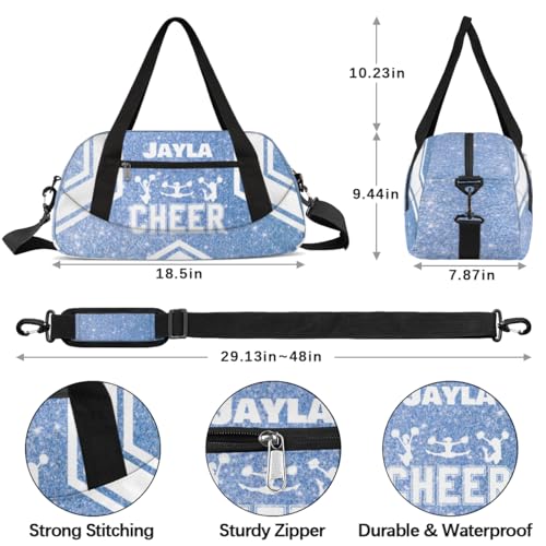 Personalized Cheerleader Bag for Girls Kids, Custom Dance Bag Overnight Small Duffel Bag Carry On Weekend Sports Travel Bag for School Practice Gymnastics Ballet, Cheer Blue Glitter 33