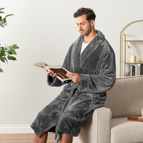 Image of PAVILIA Mens Soft Robe, Plush Fluffy Fleece Bathrobe Men, Long Sherpa Shaggy Spa Robe
